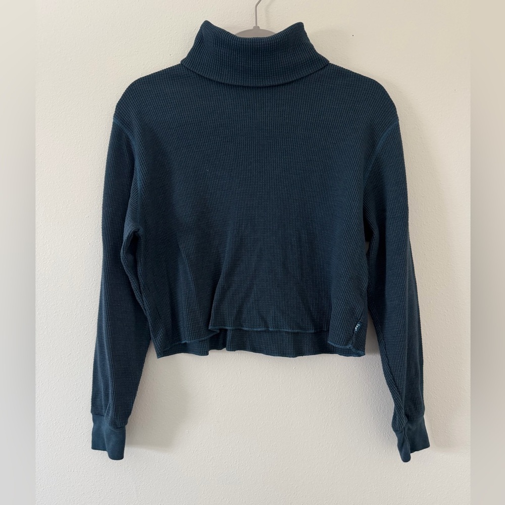 Aritzia TNA Cropped Waffle Knit Teal Mockneck Long Sleeve size small